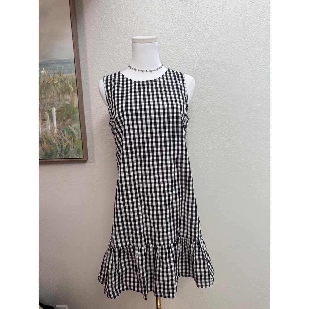 J.Crew Black White Gingham Cotton Ruffle Hem Shift Dress Womens Small